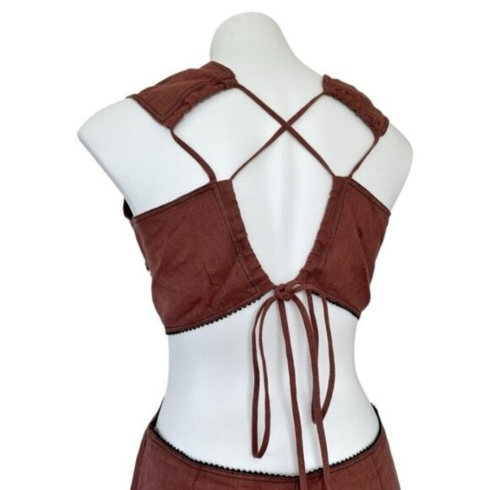 Ganni Bead Embellished Hemp Cut Out Root Beer Brown Midi Dress Size L - Picture 10 of 15